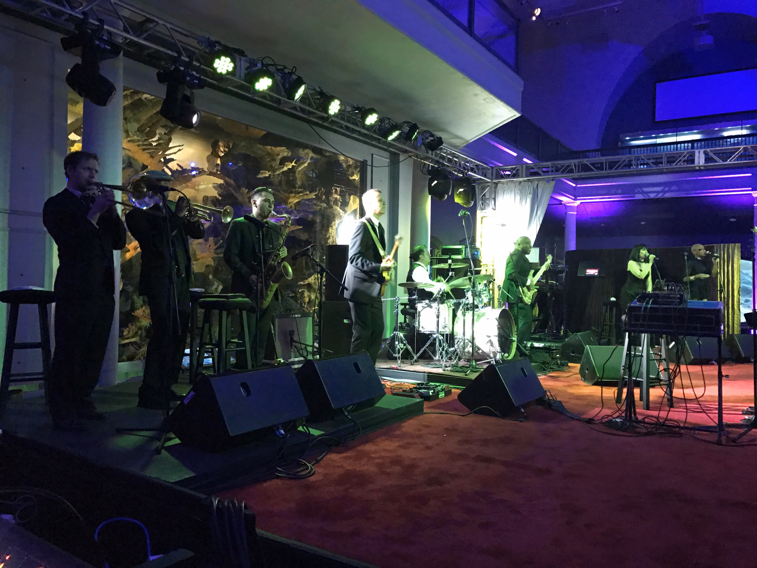Live band performing under purple and green stage lights at an elegant museum event