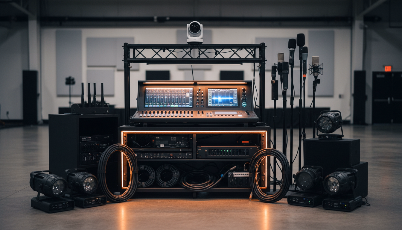 Professional sound, camera, and lighting equipment for a church or event venue.