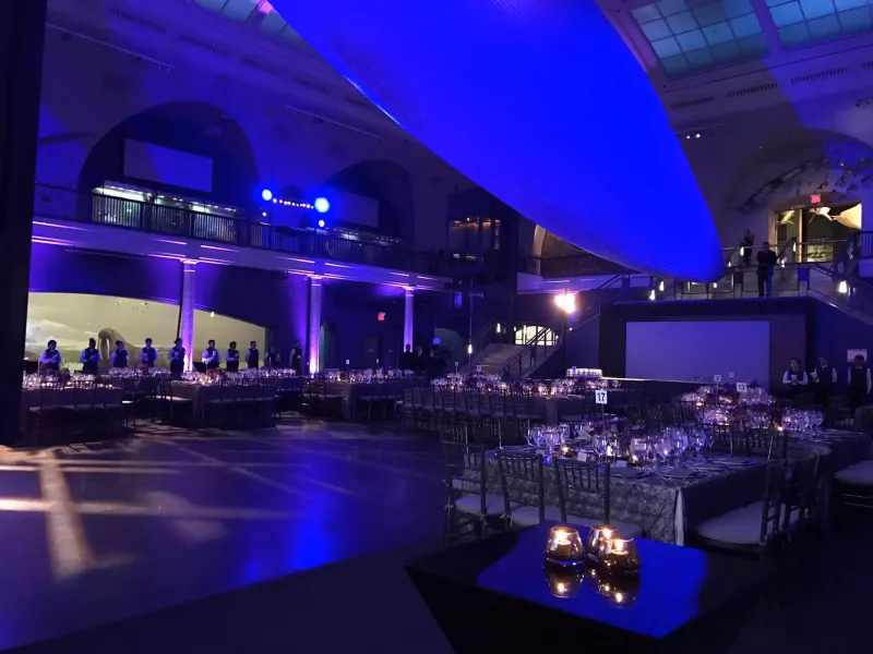 Grand ballroom with a sculptural ceiling feature, blue lighting, and formal banquet tables